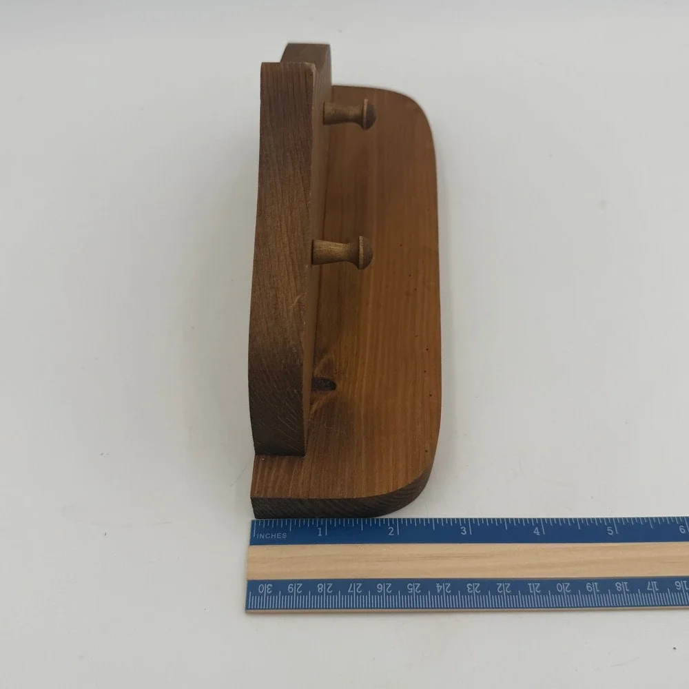 Vintage Rustic Pine Wood Wall Shelf with 2 Peg Hooks Scalloped Small Brown 9in